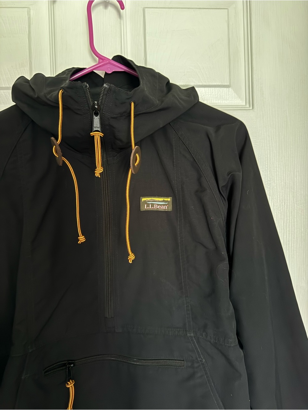 L.L. Bean Black Hooded Pullover Anorak with Gold Drawcords